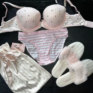 Victoria's Secret 32DDD BRA SET panty+SLIPPERS WHITE pink stripe signature BODY